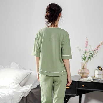 BZEL Zelená tvaru Sleepwear Pevné Pyžamá Pre Ženy Vysoko Kvalitnej Bavlny Domov Nosiť Módne Plavky Krátky Rukáv, Dlhé Nohavice 2PC