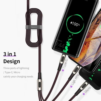 ROCK 3in1 USB Kábel na iPhone XS MAX XR X 8 7 6 Kábel Micro USB, Typ C Kábel pre Samsung S10 S9 Rýchle Nabíjanie 3.6 Nabíjačka Kábel