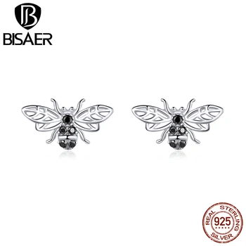 Bisaer Black Bee Náušnice Reálne 925 Sterling Silver Krásne včely Stud Náušnice Ženy Móda Strieborné Šperky HSE846