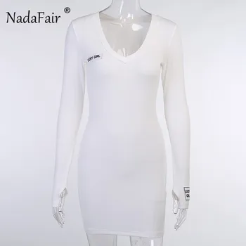 Nadafair Zimné Dlhý Rukáv Klub Bodycon Šaty Žien 2020 V Krku Jeseň Základné Wrap White Black Pletené Šaty Vestidos