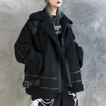 Zimná Bunda Ženy 2020 Gotický Punk Teplé Nadrozmerná BF Štýl Vrecku Čierny Plášť Žena Retro Streetwear Harajuku Elegantné Outwear Nové