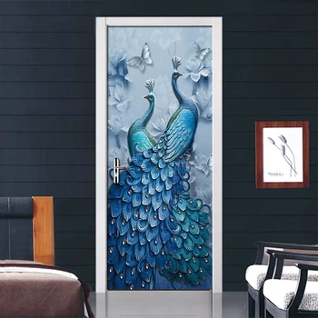 Dvere Nálepka, 3D Butterfly Páva Umenie olejomaľba nástennú maľbu Obývacia Izba, Spálňa PVC samolepiace Dvere Dekorácie, Tapety