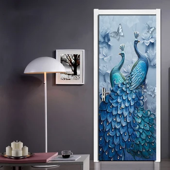 Dvere Nálepka, 3D Butterfly Páva Umenie olejomaľba nástennú maľbu Obývacia Izba, Spálňa PVC samolepiace Dvere Dekorácie, Tapety