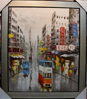 Ručne Maľované Nôž olejomaľba na Plátne Abstraktné Hong Kong Električky Ulici Plátno na Maľovanie na Stenu Umenie Obrázok pre Home Decor