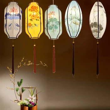 Nová Čínska dlho luster textílie ručne maľované svietidlo Klasického palác lampa reštaurácia čaj haly na chodbu, Čínsky lotus lampa