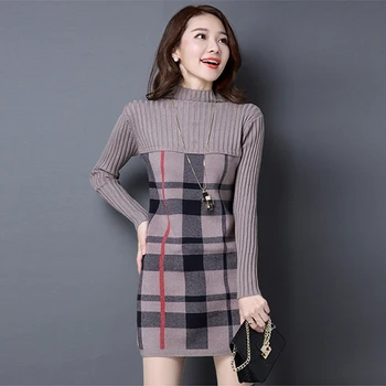 Jesenné a zimné nové žien sveter dlhým rukávom, šitie kockované šaty kórejská verzia dlhej časti half-vysoká GD582