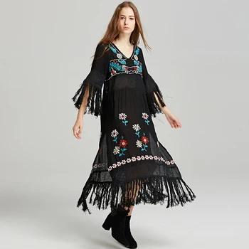 Boho Kvetinové Výšivky Šaty Žien Oblečenie 2020 Cigán Hippie Šaty S Dlhým Rukávom Voľné Bežné Bavlna Strapec Dlhé Šaty Vestidos
