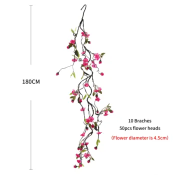 180 cm Umelé Kvety stene Visí Peach Blossom hodváb Kvet viniča Garland Domov Svadobné Záhrada Dekor falošné Kvet ratan Reťazec
