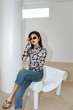CHEERART Daisy Kvetinový Tlač Turtleneck Dlhý Rukáv T Shirt Bežné Topy Ženy 2020 kórejský Tee Tričko Jarné Oblečenie