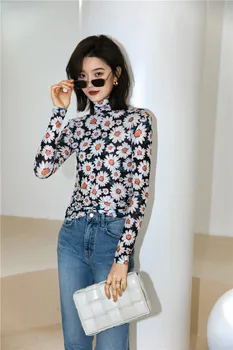 CHEERART Daisy Kvetinový Tlač Turtleneck Dlhý Rukáv T Shirt Bežné Topy Ženy 2020 kórejský Tee Tričko Jarné Oblečenie