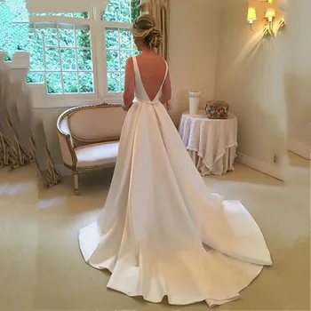 Jednoduchý Obyčajný Saténové Svadobné Šaty 2020 Luk Backless Biela Slonovinová Vestido de Noiva Svadobné Šaty Lopatka Reflexné Svadobné Šaty