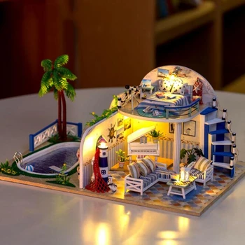3D DIY Drevený domček pre bábiky Auta Santorini Furnitures Miniatúrne Doll House Domáce Dekorácie Deti Hračky, Vianočné Darčeky Valentine