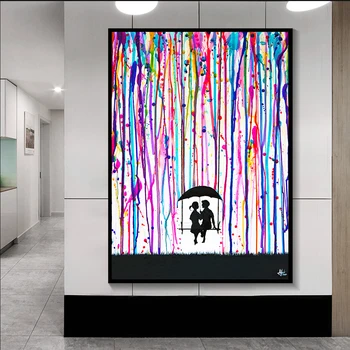 Graffiti Maliarske Plátno Farebné Dažďa Pod Dáždnik Milenca Kiss Wall Art Plátno, Vytlačí Obrázok Plátno Na Maľovanie Domova