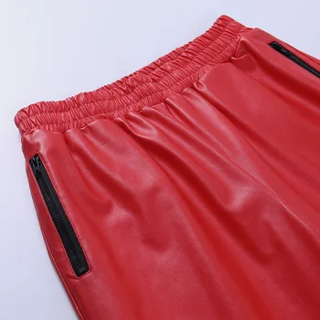 Červené Čierne Kožené Nohavice PU Ženy Móda Jeseň 2020 Zimné Nohavice Vysoký Pás Zips Dámy Nadrozmerné Svetlice Voľné Dlhé Nohavice