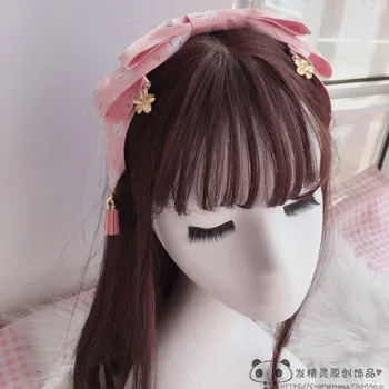 Ružová Sakura Králik Cosplay Lolita Kawaii Strapec Luk Bell Vlasy Pin pokrývku hlavy Japonských Žien Slúžka Kimono Strane klip hlavový most