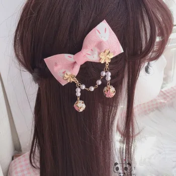 Ružová Sakura Králik Cosplay Lolita Kawaii Strapec Luk Bell Vlasy Pin pokrývku hlavy Japonských Žien Slúžka Kimono Strane klip hlavový most
