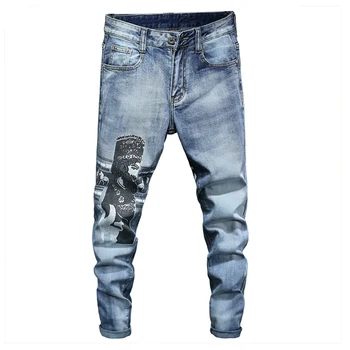 Sokotoo Mužov znak vytlačené džínsy Trendy svetlo modrá slim fit denim stretch zúžené nohavice