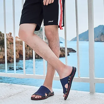Kožené Mužov Sandále 2020 Letné Topánky Muž Bežné Plážové Sandále Ploché Kožené Muž Papuče Letnú Dovolenku Obuv Black Blue KA1330