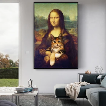 Mona Lisa Holding Mačka Zábavné Umelecké Plátno Obrazy Na Stenu Umenie Plagáty A Vytlačí Da Vinci Známeho diela Obrázky Cuadros