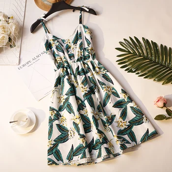 MUMUZI tvaru slim predné tlačidlá špagety šaty vysoký pás vytlačené leafs popruh šaty pláž nosiť kvetinové šaty ženskej Módy