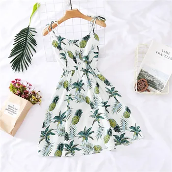 MUMUZI tvaru slim predné tlačidlá špagety šaty vysoký pás vytlačené leafs popruh šaty pláž nosiť kvetinové šaty ženskej Módy