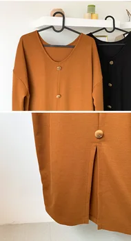 Qooth Bežné T shirt Dress Ženy Tričko Šaty 2020 Jeseň Voľné Dlhým Rukávom Split Žena tlačidlo Späť Maxi Šaty QT159