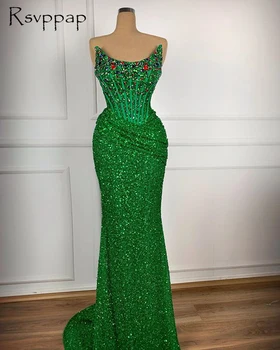 Elegantné Dlhé Večerné Šaty 2020 Bez Ramienok Morská Panna Kryštály Zelená Sequin Dĺžka Podlahy Dubaj Ženy Formálne Večerné Šaty