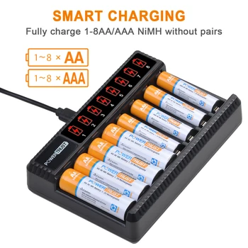 AA AAA Batérie, Nabíjačky 8 Sloty Rýchle Nabitie s LCD Displejom pre AA AAA Ni-MH Dobíjacie Batérie