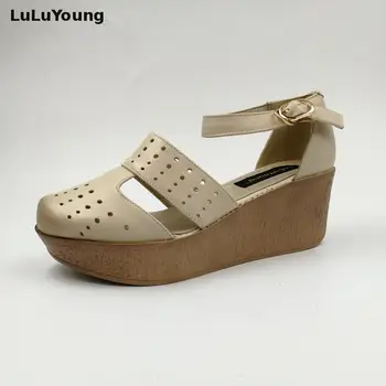 Originálne kožené sandále ženy Letné vysoké podpätky, topánky, elegantné duté dámske topánky kliny sandále sy-2404