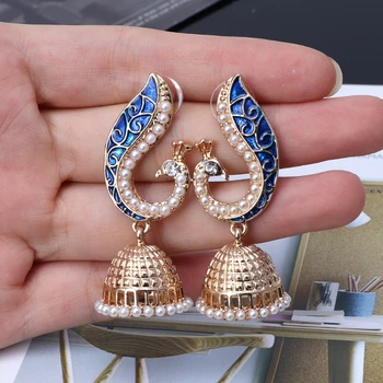 Retro Indický Bollywood Kundan Páva Jhumka Jhumki Drop Náušnice Cigán Šperky
