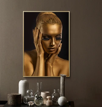 Black Gold Nahé Africké Umenie Žena, olejomaľba na Plátne Cuadros Plagáty a Vytlačí Škandinávskych Stenu Obrázok pre Obývacia Izba