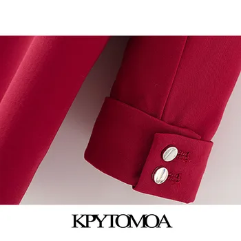 KPYTOMOA Ženy 2020 Módne Office Nosia Červené Sako Kabát Vintage Dlhý Rukáv Vrecká Žena vrchné oblečenie Elegantné Topy