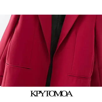 KPYTOMOA Ženy 2020 Módne Office Nosia Červené Sako Kabát Vintage Dlhý Rukáv Vrecká Žena vrchné oblečenie Elegantné Topy