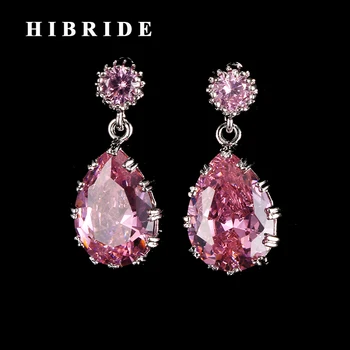 HIBRIDE 8 Farieb Crystal Waterdrop Ženy Drop Náušnice Brincos Klasické Ružové CZ Prívesok Zapojenie Visieť Náušnice E-400