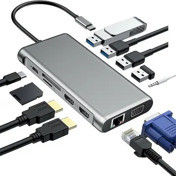 12 V 1 USB Typu C HUB Dual HDMI Ethernet USB 3.0, Audio Jack Viacportová 4-port Adaptéra USB HUB pre MacBook