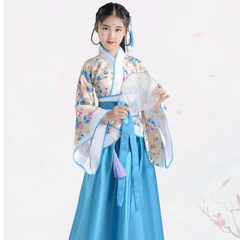 Dievča Výšivky Tradičnej Čínskej Sukne + Kimono Hornej Modrej Levandule, Ružové A Červené Deti Hanfu Chineses Elegent Hanfu Šaty Deti