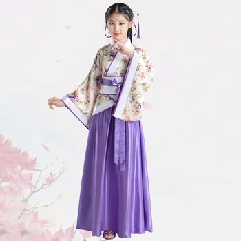 Dievča Výšivky Tradičnej Čínskej Sukne + Kimono Hornej Modrej Levandule, Ružové A Červené Deti Hanfu Chineses Elegent Hanfu Šaty Deti