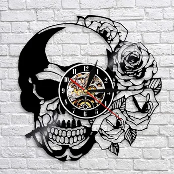 Tetovanie Lebky s Rose Wall Art Nástenné Hodiny Kostry Lebky Tŕň Ruže Vinyl Nástenné Hodiny Gotický Domova Stene Hodinky, Hodiny