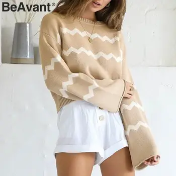 BeAvant Príležitostné o-krku pulóver sveter ženy Prúžok tlače dámy sveter sveter 2019 Jeseň zima svetlice rukáv žena sveter
