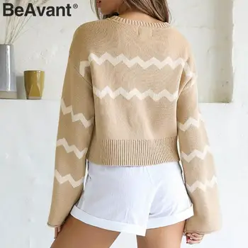 BeAvant Príležitostné o-krku pulóver sveter ženy Prúžok tlače dámy sveter sveter 2019 Jeseň zima svetlice rukáv žena sveter