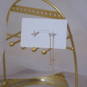 14k Skutočné Zlato Módne Šperky Crystal Hviezdičkový Vynikajúci Asymetrický Dlhé Náušnice pre Ženu Dovolenku Strany Elegantné Náušnice Zirkón