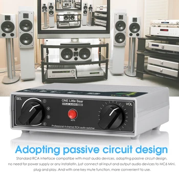 Douk Audio Mini 4 Kanálový Analógový Audio Prepínač s Jedným Tlačidlo Stlmenia Hlasitosti RCA Stereo Splitter Box Pasívne Predzosilňovač