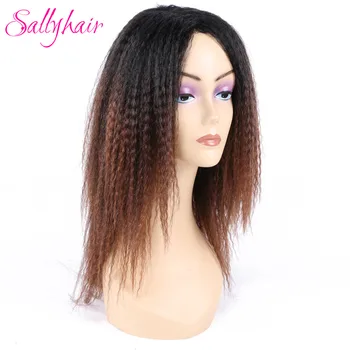 Sallyhair Syntetické Kučeravé Dlhé Yaki Rovné Vlasy, Parochne 14inch Ombre Farba Čierna Hnedá Stredná Časť Pre Ženy