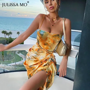 JULISSA MO Sexy Backless Tlač Split Ženy Šaty Letné Šnúrkou Ruched Šaty 2020 Žena Špagety Popruh Boho Vestidos