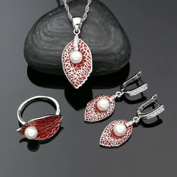 Červená Smalt Leaf Pearl 925 Sterling Silver Nevesta Šperky Set Náušnice, Prívesok, Prsteň Reťazca Výročie Darček