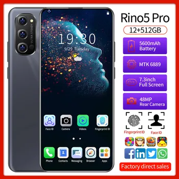 Mobil Rino5 Pro MTK6889 Deca Core 7.3 Palcový 4G 5G Smartphone 12 GB+512 gb diskom 5600mAh Android 10 Dual SIM WIFI GPS, Mobilný Telefón