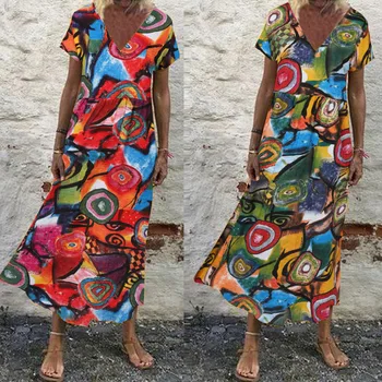 2021 Lete Krátky Rukáv Kvetinový Tlač Sundress ZANZEA Vintage Oblečenie pre voľný čas Ženy Dlho Maxi Vestidos Ženské Šaty Plus Veľkosti S 5XL