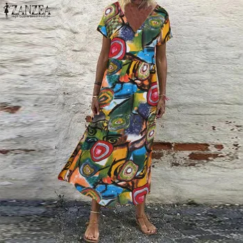 2021 Lete Krátky Rukáv Kvetinový Tlač Sundress ZANZEA Vintage Oblečenie pre voľný čas Ženy Dlho Maxi Vestidos Ženské Šaty Plus Veľkosti S 5XL