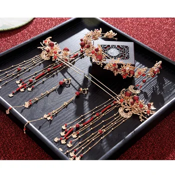 Nová Čínska červená coronet štýl hairbands vlasy palice sady Svadobné vlasy kus nevesty Svadobné tiara