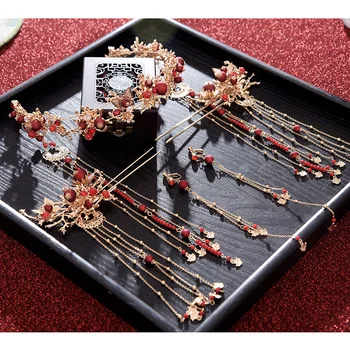 Nová Čínska červená coronet štýl hairbands vlasy palice sady Svadobné vlasy kus nevesty Svadobné tiara